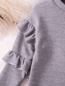 Elladie kids 1pc Girls Young Girl Elegant Ruffle Trim Knitted Dress, Round Neck, Slim Fit, Versatile For Party, Birthday, Daily Wear, Autumn - Grey - View 4