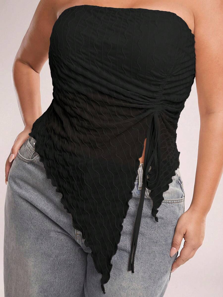SHEIN BAE New Spring/Summer Plus Size Women Apricot Asymmetric Drawstring Tie Camisole Tank Top, Wavy Texture Bandeau Crop Top, Sexy Cami, Y2K Style Suitable For Dates, Outings, Music Festivals, Afternoon Tea, Parties, Graduation Season, Wedding Season/ Plus Size Tube Tops/ Curve Summer Tops - Black - View 1