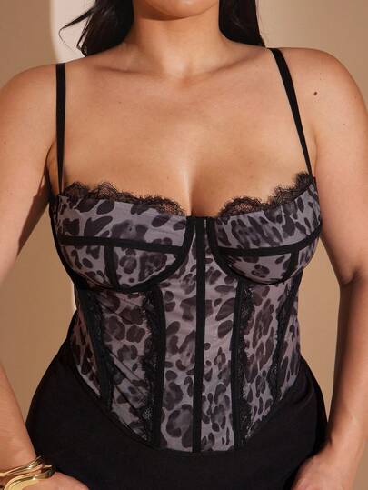 SHEIN BAE 夏季海滩度假加大码节日派对聚会上衣、约会旅行、外出游玩上衣、女士豹纹网眼拼接蕾丝边吊带上衣性感、百搭，适合外出、约会之夜、主题派对和音乐会、加大码紧身胸衣上衣