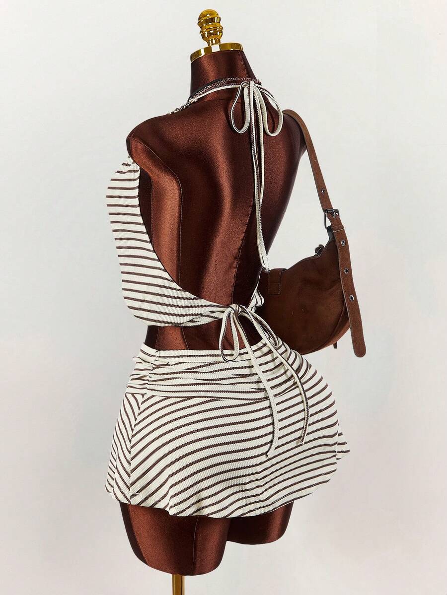 Amplova 低腰系带撞色条纹荷叶边下摆女式半身裙 - 彩色 - 查看 1