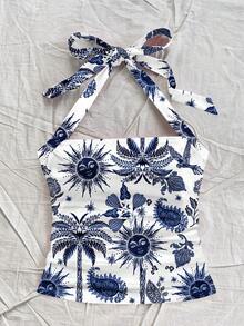 Soleia Casual Minimalist Vacation Bohemian Elegant Retro, Blue & White Palm Tree Floral Print Pattern, Comfortable Women's Halter Neck Fitted Ruched Tank Top Suitable For Spring/Summer Spring - Multicolor - View 7