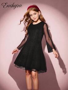 1pc Girls Crew Neck Long Sleeve Knit Dress, Elastic Metallic Yarn Fabric, Casual & Party Wear, Autumn Long Sleeve Dresses Black Dress For Tweens Black Dresses Teen Girls Elegant Dresses - Black - View 3