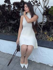 Andrea Bello Minimalist Stand Collar Sleeveless A-Line Mini Ribbed Knit Dress For Women,Fall - White - View 6
