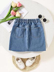 Tween Girls' Casual Fashion Denim Skirt, Asymmetric Hem Design, Distressed Washed Blue Denim Skirt - Blue - View 4