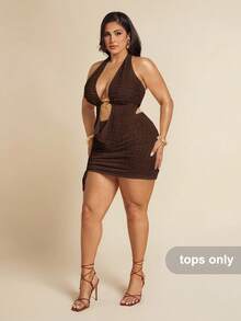 SHEIN BAE 大码女式圆领金属装饰吊带背心，春夏款，适合7月4日美国独立日、度假、海滩度假、生日、夜店、机场、毕业典礼、返校等场合。 - 咖啡棕 - 查看 5