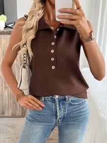EMERY ROSE Women's Solid Color Sleeveless Button-Up Casual Tank Top - Brown - View 6