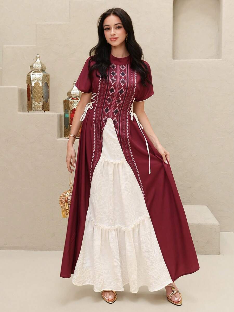 Al Najma 女士撞色几何图案优雅短袖土耳其束腰外衣和阿拉伯传统长裙 - 紅色 - 查看 1