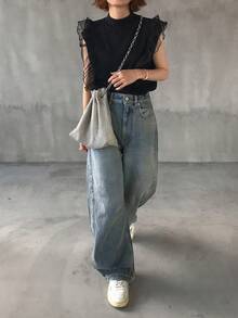 FRIFUL Women's Turtleneck Ribbed Tank Top With Mesh Ruffle Trim Sleeveless Patchwork T-Shirt - Black - View 7