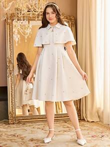 Teen Girl Rhinestone Decor Camisole Dress And Short Sleeve Jacket Elegant Set - Apricot - View 5