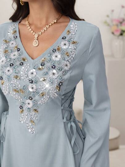 Yasmyna رمضان فستان نسائي بأسلوب عربي مطرز ومزين بالخرز مع تنورة مُنفرجة