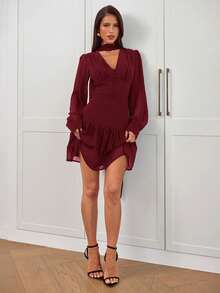 Aloruh Purple Elegant Minimalist Long Sleeve Mini Dress, Suitable For Commuting ,Spring Dresses For Women,Elegant Dress - Burgundy - View 4