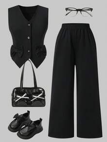 SHEIN Girls' Vest And Bowknot Top + Wide-Leg Pants Set. The Exquisite Bowknot V-Neck Sleeveless Vest Pairs With Wide-Leg Trousers, Creating A Fashionable And Elegant Two Pieces Vest-And-Trousers Outfit For Girls-Full Of Ceremonial Flair! - Black - View 1