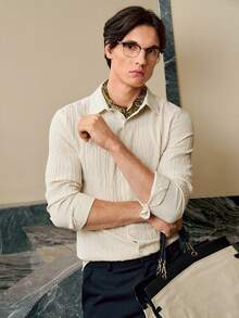 RONVEXI Áo sơ mi dài tay nam màu trơn kiểu dáng thường ngày - Màu be - Xem 6