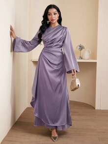 Veilorie 保守优雅的褶皱胸部喇叭袖阿拉伯风格女式连衣裙 - 淺灰紫 - 查看 3