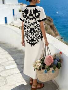 SHEIN Holidaya Women's New Casual Vacation Versatile Digital Print Dress, Bohemian Style Artistic Vacation Dress  Caftan Dress Kimono Dress Mediterranean Style Clothes Long Cover Ups For Swimwear Summer Kimono - Black and White - View 2