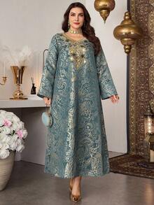 Al Najma Đầm dự tiệc kiểu Ả Rập thanh lịch dành cho nữ cỡ lớn, chất liệu jacquard, phối nhiều mảnh vải và đính cườm. - màu xanh lá - Xem 4