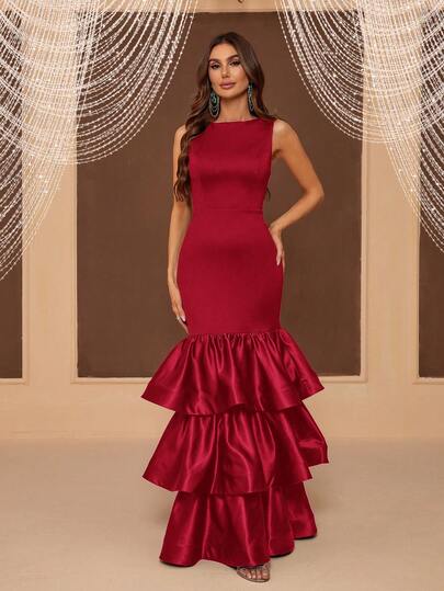 SHEIN Belle Women's Formal Evening Dress Gown With Tiered Hem And Mixed Material Patchwork Design (Heavily Embellished)