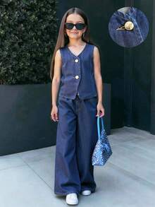 SHEIN Firerie Kids 2件套女童藏蓝色牛仔无袖背心和宽松裤 - 深色水洗藍 - 查看 1