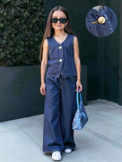 SHEIN Firerie Kids 2 st/set marinblå denim ärmlös linne och lösa byxor för flickor