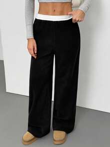 SHEIN Tall 女士秋冬外出极简日常基本款复古街头风节日黑色保暖抓绒直筒裤 Y2K - 黑與白 - 查看 4
