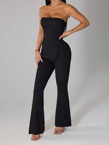 SHEIN PETITE Women's Solid Color Bandeau Top With Slit Design And Flare Pants, Fashionable Outfit For Daily Commute And Outings - Black - View 4