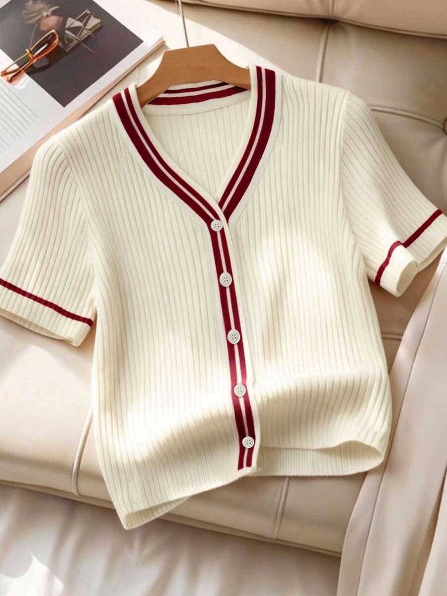 Franclia 女士轻薄V领短袖撞色罗纹修身针织开衫，休闲日常穿着，夏季 - 彩色 - 查看 1