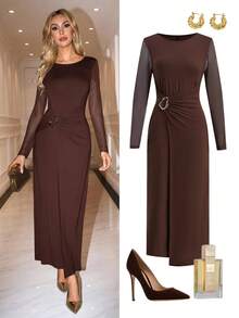 Ellevyn Decorative Button Fitted Elegant Long Sleeve Dress - Brown - View 1