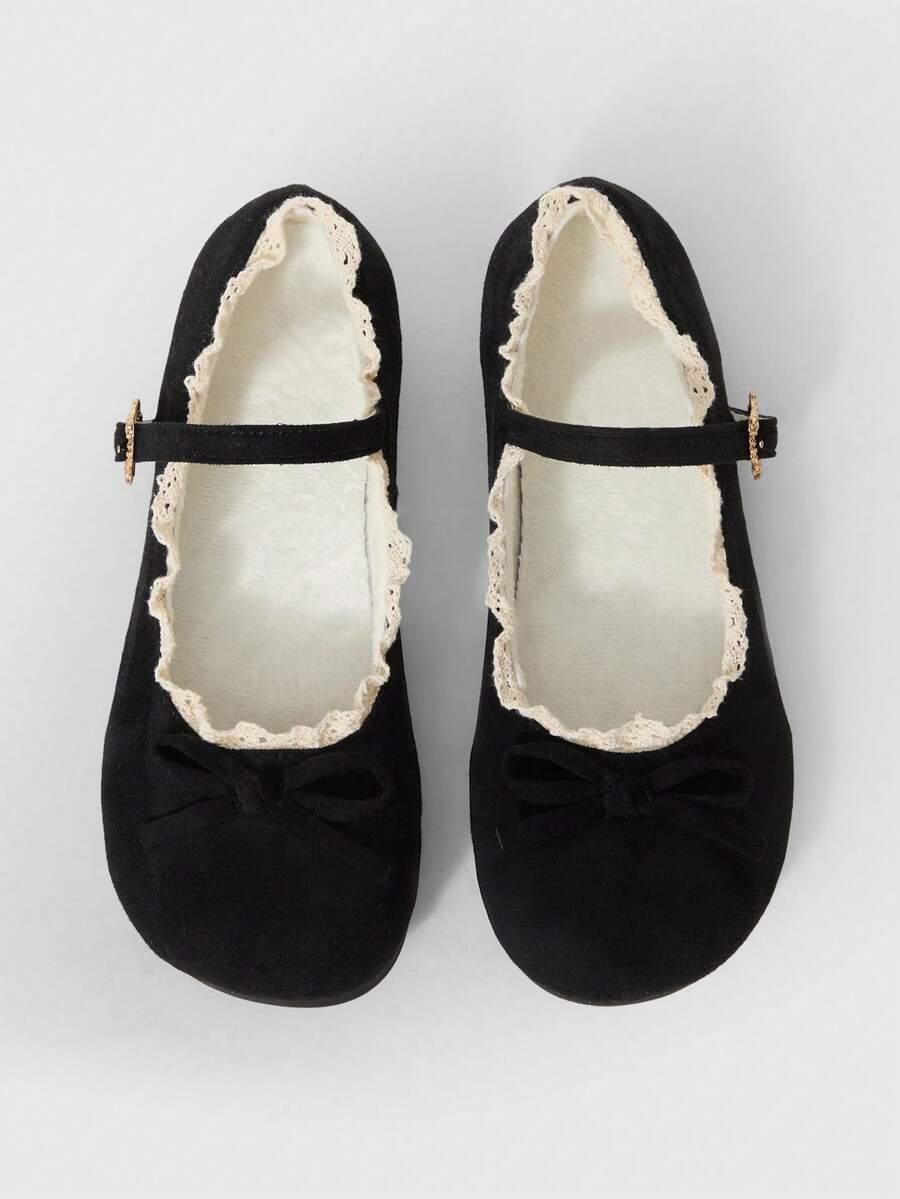 ROMWE Kawaii 棕色乐福鞋，闭趾玛丽珍真皮鞋，蝴蝶结洛丽塔芭蕾平底鞋，圣诞节女士款 - 黑色絨面 - 查看 1