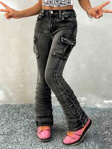 Coolane Tween 女童秋冬实用口袋褶皱修身休闲工装牛仔裤 - 黑色 - 查看 5