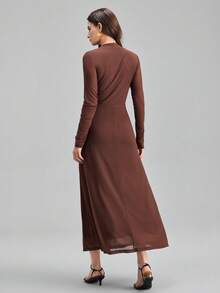 Ontre Women's Solid Color Stand Collar Pleated Design Slim Fit Long Sleeve Dress, Urban Chic Business Casual Elegant Versatile Dress For Daily Wear, Party, Formal Occasions, Summer - Brown - View 4