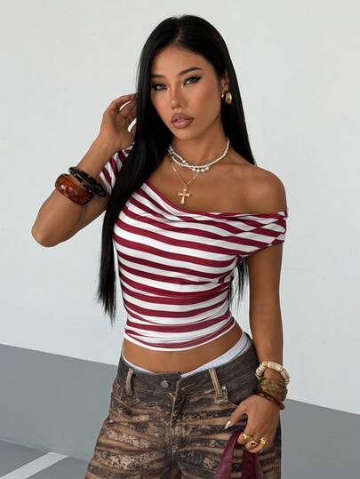 StreetHx Women's Striped Draped Neck Cinched Waist Short Sleeve T-Shirt, Summer