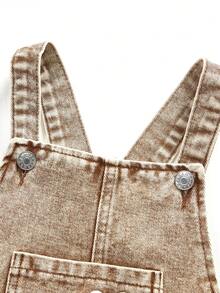 SHEIN ChillGRL Young Girl Casual Washed Floral Embroidered Denim Bib Pants - Khaki - View 6