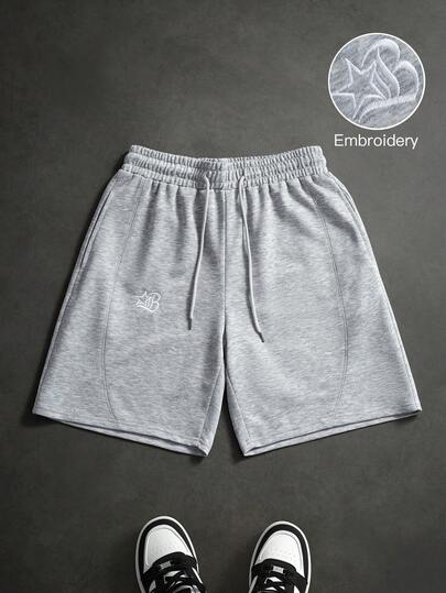 PAVTROS Men's Simple Embroidered Pattern Casual Knit Shorts, Loose Straight Leg High Street Patchwork Sweatpants