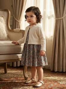 SHEIN 春秋季女婴碎花连衣裙套装，包含碎花无袖连衣裙和罗纹针织长袖开衫，碎花连衣裙带有荷叶边领，简约休闲开衫，适合日常穿着、户外活动、家庭聚会。 - 彩色 - 查看 11