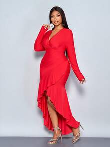 SOLERSUN Plus Size Red Autumn Elegant Satin Party Dress,Women's Deep V Neck Puff Sleeve High Elastic Pleated Ruffles Short Front Long Back Slit Long Dress - Red - View 4