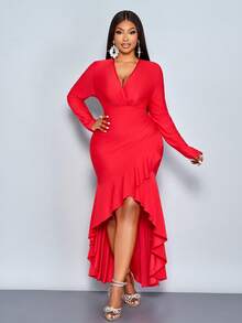 SOLERSUN Plus Size Red Autumn Elegant Satin Party Dress,Women's Deep V Neck Puff Sleeve High Elastic Pleated Ruffles Short Front Long Back Slit Long Dress - Red - View 7