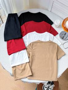 SHEIN 8件套/套 青少年男童休闲宽松字母图案圆领T恤和短裤套装，适合通勤、上学、日常穿着、运动、春夏穿着 - 彩色 - 查看 2