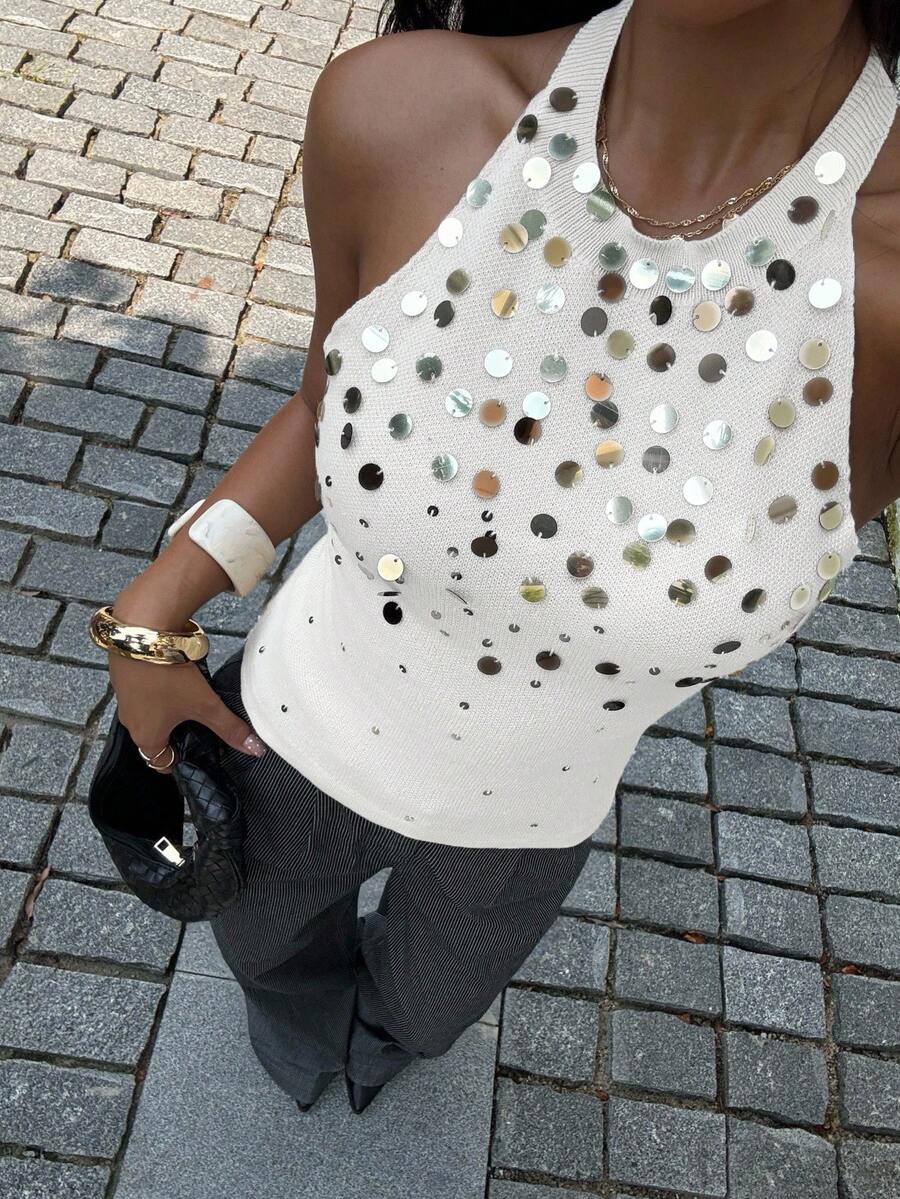 Siren Gaze 亮片刺绣吊带露背针织吊带背心 - 白色 - 查看 1