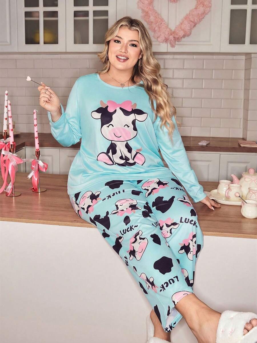 SweetSlumber Bộ đồ ngủ cỡ lớn dành cho nữ, họa tiết bò sữa dễ thương với nơ trang trí, thích hợp cho ngày Valentine. - Màu xanh bạc hà - Xem 1