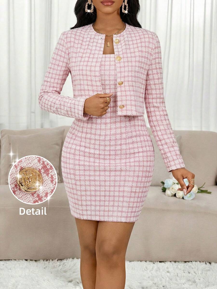 SHEIN Lady 2pcs Women's Elegant Plaid Blazer And Dress Set, Suitable For Commuting - Pink - View 1