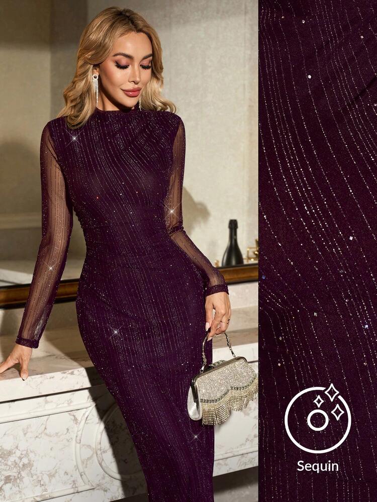 SHEIN Clasi Women's Rhinestone Embellished Long Sleeve Dress, Slimming &  Shiny, Suitable For Party, Christmas, New Year ,Summer Dress,Spring Dresses  For Women | SHEIN