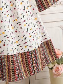 SHEIN Floral Patchwork Fitted Casual Round Neck Dress, Suitable For Young Girls, Elegant, Middle Eastern Traditional Abaya, Suitable For Girls' Daily Wear, Festivals, Family Gatherings And Special Occasions, Sibling Style Clothing, Spring/Summer, Cute, Elegant, Sweet, Retro, Fashionable, Vacation, Matching For Moms, Daughters And Sisters, Ramadan Dresses, Eid Dresses, Abaya, Jalabiya, Lace, Soft Maxi Dress - Multicolor - View 3