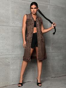 Selenza Women's Single-Breasted Distressed Frayed Hem Casual Sleeveless Denim Jacket - Coffee Brown - View 9