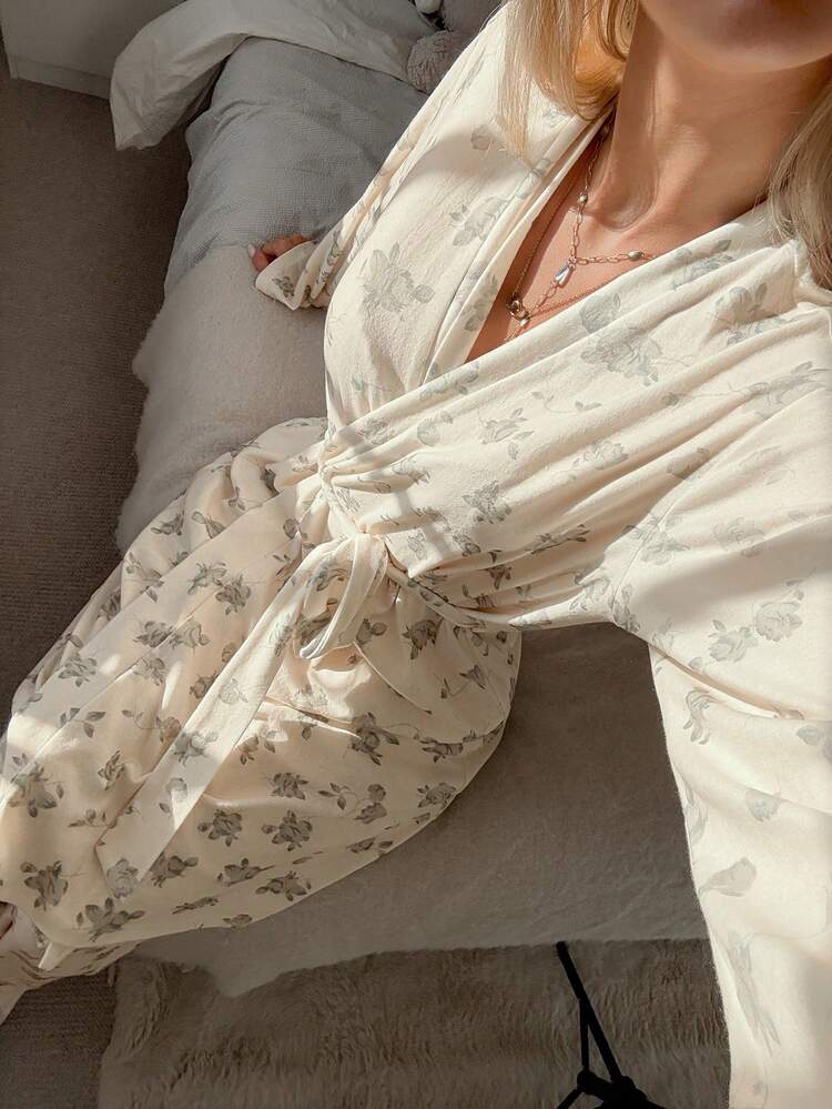 Ditsy Floral Robe & Pants Set, Women Sleepwear