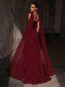 Glamrae 优雅天鹅绒雪纺拼接串珠抹胸式A字长裙（可拆卸吊带），适合约会、婚礼、活动、单身派对、正式场合。 - 酒紅色 - 查看 4