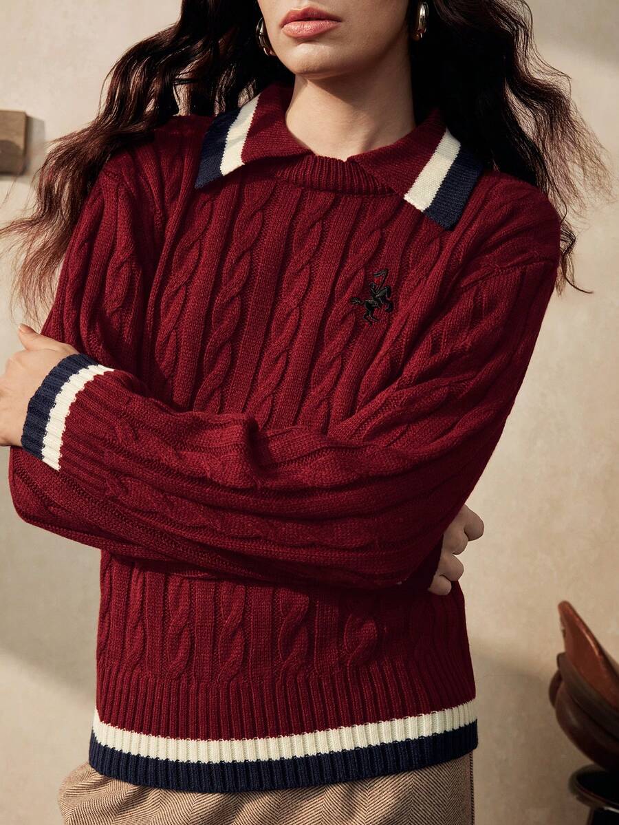 Zovinel Áo len nữ mùa thu/đông thêu họa tiết cáp phối màu tương phản. - Red Plum - Xem 1