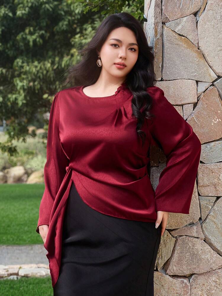 Dazy Plus Valentine Elegant Solid Color Tie-Waist Flare Sleeve Long Sleeve Red Party Blouse