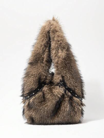 Grunge Punk Damen Umhängetaschen, Plüsch, Plüschtasche, Punk Nieten Bikertasche, Hobo Tasche, Burgunderrote Tasche, Weihnachtstasche, Geschenke für Frauen, Valentinstag, Metallkette, modisch, Persönlichkeit, vielseitig, Einkaufen, Straße, süße und coole Mädchen, heiße Mädchen, Y2K, Alltag, Herbst und Winter (zufälliges Muster)