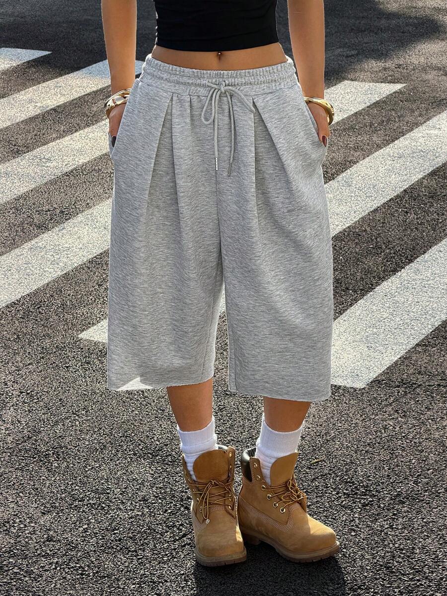 Muchica 女士休闲抽绳腰灰色针织短裤，夏季 - 灰色 - 查看 1