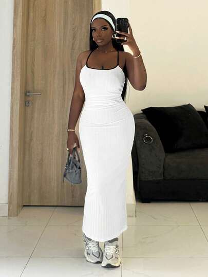 Slaydiva Daily Casual & Lifestyle Summer Holiday Outfits Casual Long Dresses White Dress New Early Spring, Spring And Summer Music Festival, Valentine's Day, Easter Casual And Simple Basic Style Y2K Street Sweet Bestseller, Daily Date, Hot Girl Style, Sexy Sporty Style, Back-To-School Season, Halter, Contrasting Color Collar, U-Neck, Pleated Waist, Cross Back, Large Exposed Back, Slim White Dress, Striped Fabric, Long Dress For Women -A